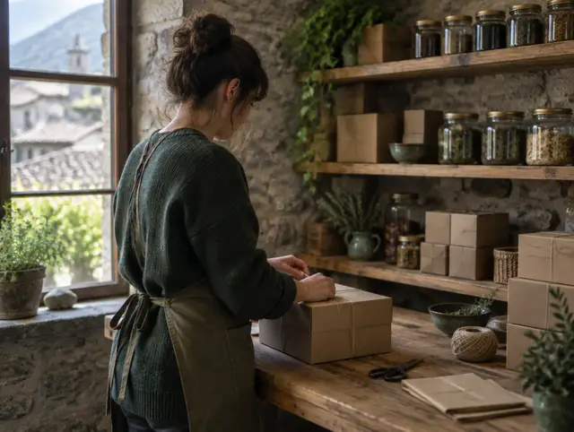 Titolare di una piccola bottega in Ticino mentre prepara un pacco